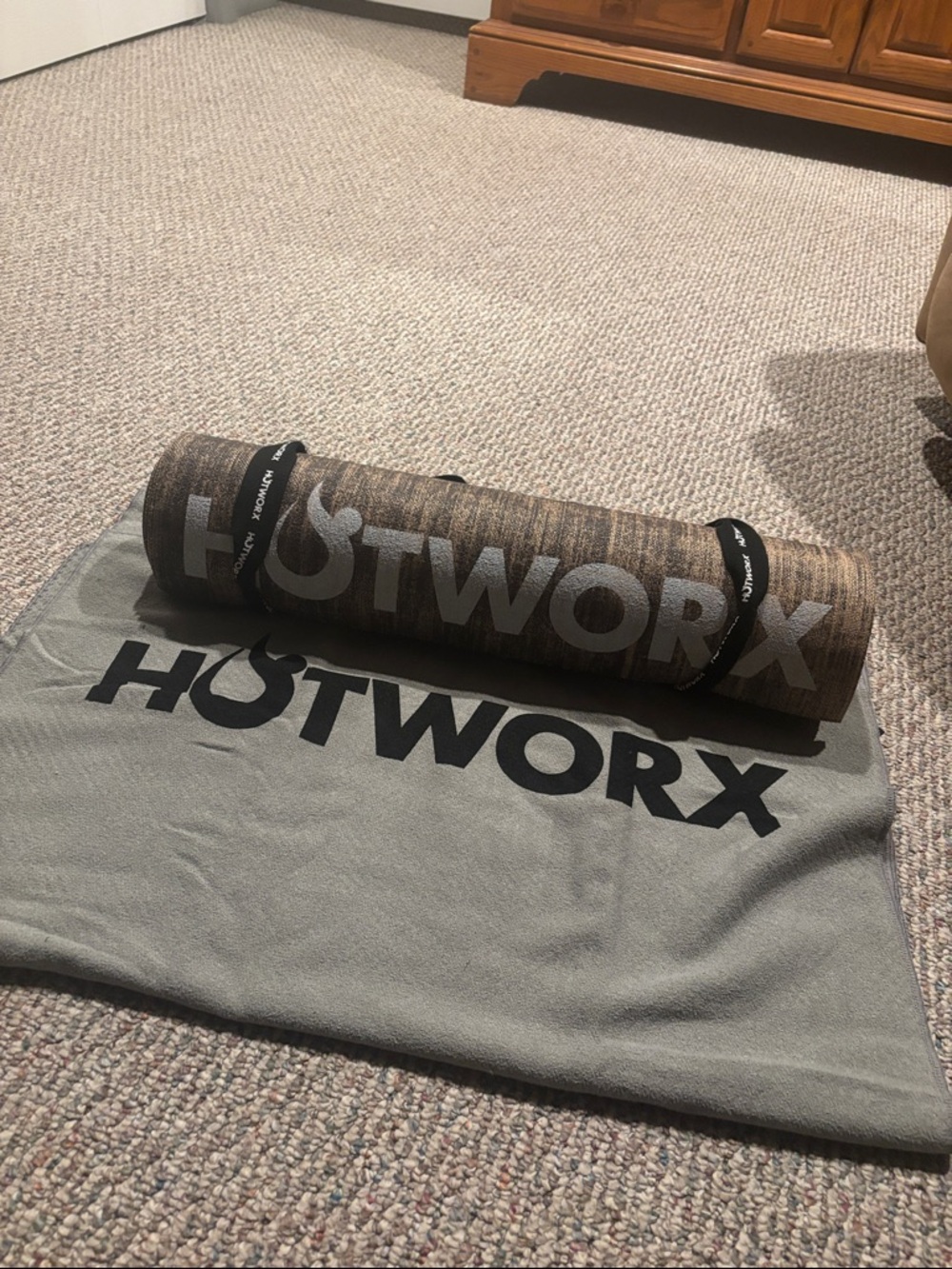 HOTWORX Branded Yoga/Exercise Mat and Towel Set - Brown and Gray